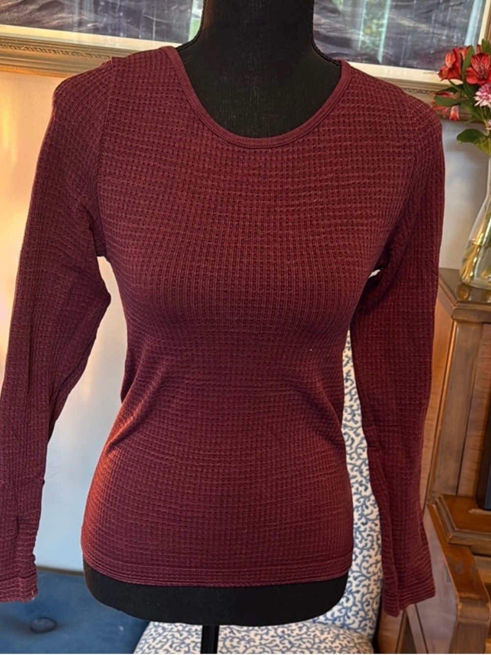 Aura Long Sleeve Waffle Knit Top - Wine